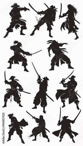 Vector silhouettes of pirates in dynamic action poses, each brandishing a sword, evoking adventure