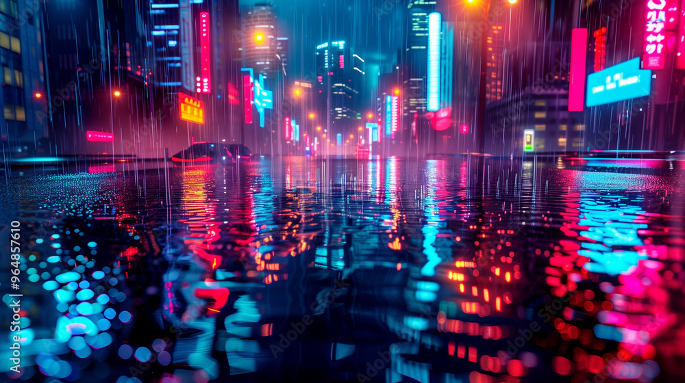 Futuristic Neon City at Night with Reflections on Rain-Soaked Street Futuristic Neon City at Night with Reflections on Rain-Soaked Street