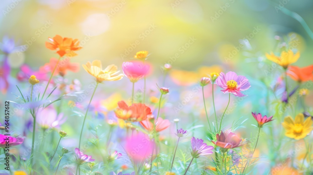 A Field of Colorful Cosmos Flowers in the Sunshine A Field of Colorful Cosmos Flowers in the Sunshine