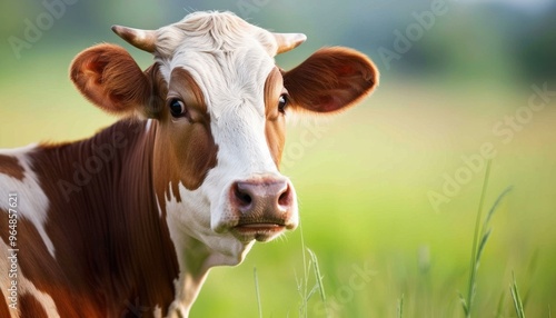 Close-up of a brown and white cow against a lush green background, highlighting its natural beauty