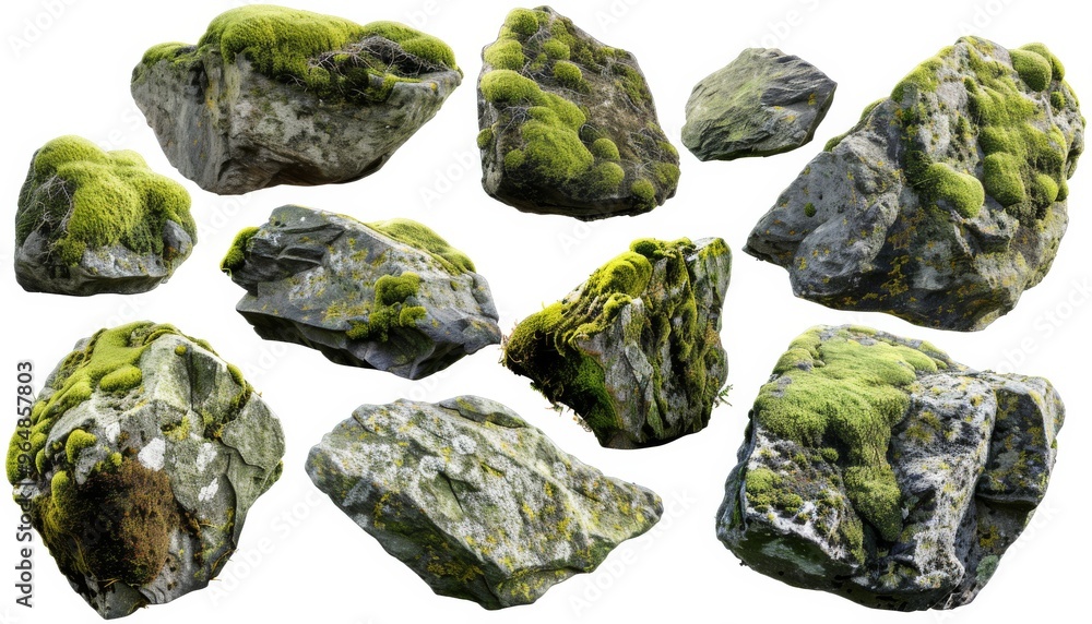 Collection of moss-covered stone rocks isolated in PNG format with a transparent background Collection of moss-covered stone rocks isolated in PNG format with a transparent background