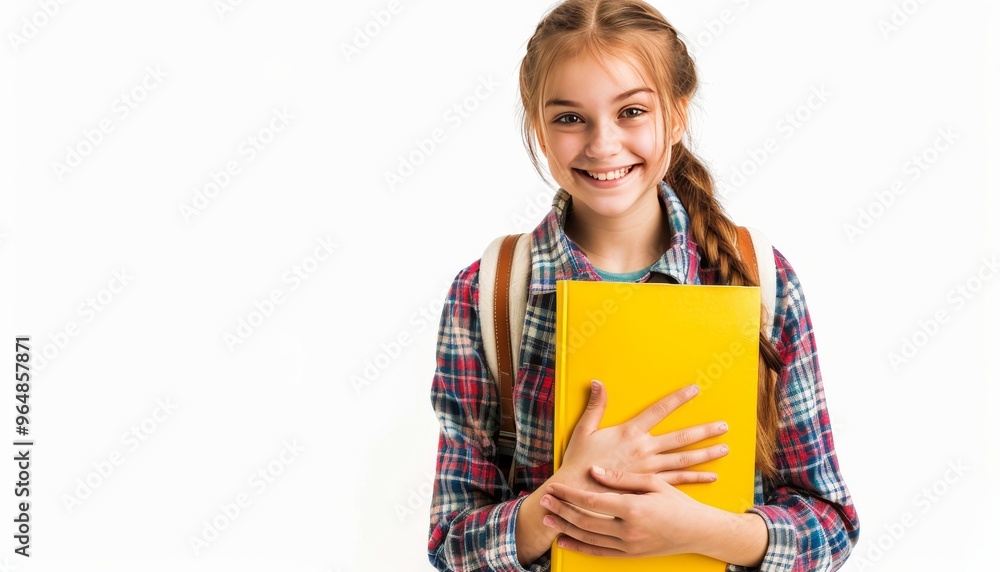 Cute young girl college student posing with a yellow notebook against white background, showcasing Cute young girl college student posing with a yellow notebook against white background, showcasing