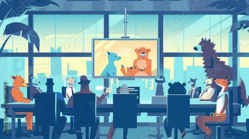 Fototapeta Naklejka Na Ścianę i Meble -  Various animals dressed in professional clothing gather around a conference table discussing strategies in a sleek office environment