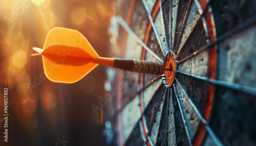 Dart arrow hitting the bullseye of a dartboard, symbolizing the achievement of business goals with