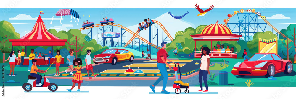 Visitors engage with rides, games, and attractions at a lively amusement park filled with joy and excitement Visitors engage with rides, games, and attractions at a lively amusement park filled with joy and excitement