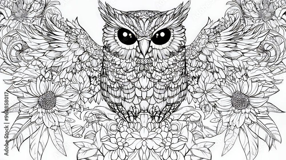 Fototapeta premium Colorable owl illustration surrounded by flowers