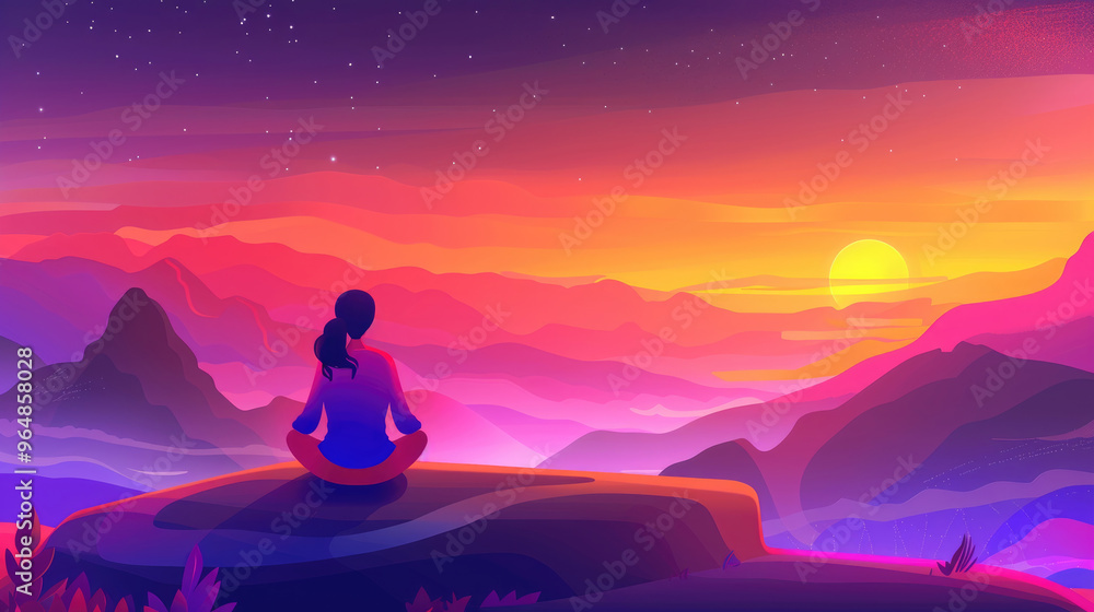A person sits peacefully on a rock, meditating as the sun sets, illuminating the mountains with vibrant colors A person sits peacefully on a rock, meditating as the sun sets, illuminating the mountains with vibrant colors