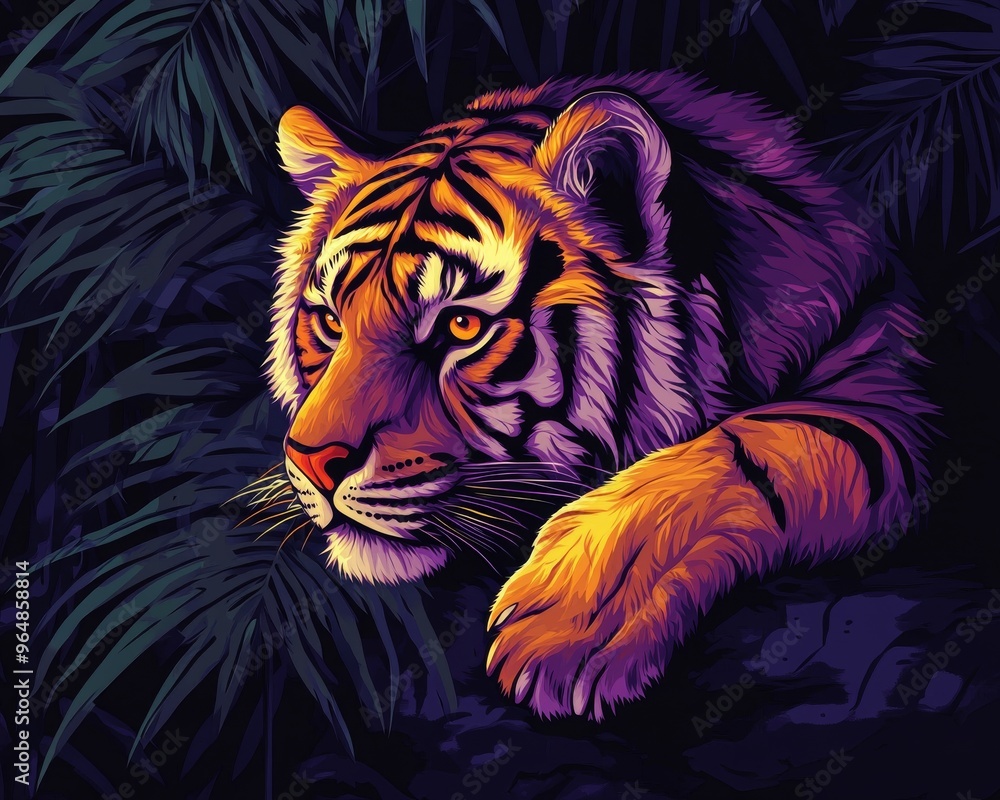 A line art illustration of a tiger with a violet striped background. The pattern has elements of the jungle and resemblances of watercolors and zebra prints A line art illustration of a tiger with a violet striped background. The pattern has elements of the jungle and resemblances of watercolors and zebra prints