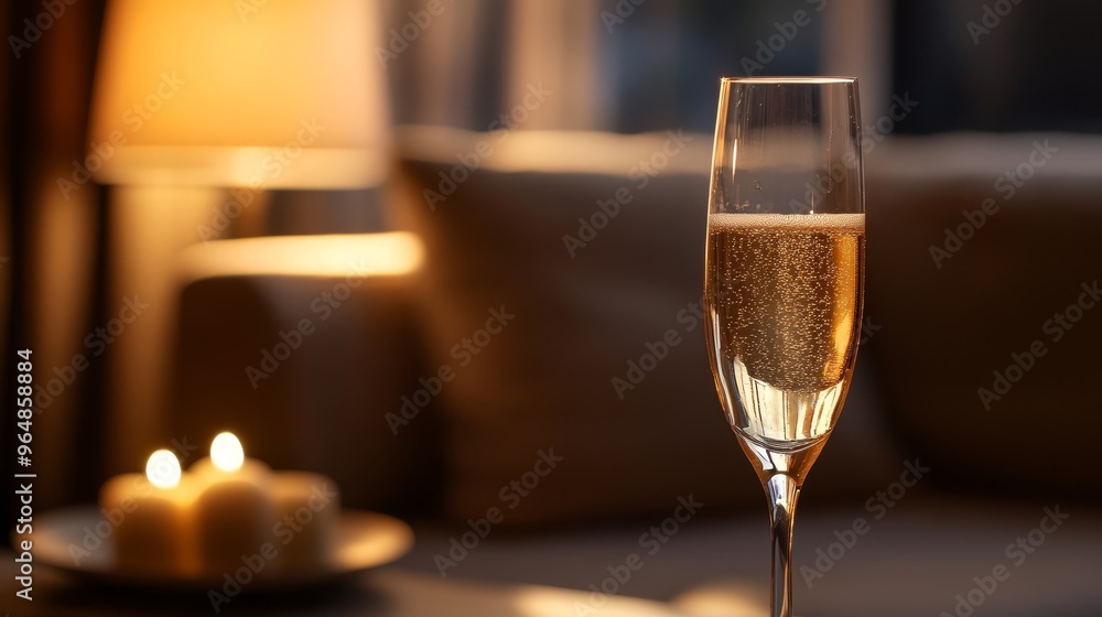 Single champagne flute in cozy interior. Champagne background Single champagne flute in cozy interior. Champagne background