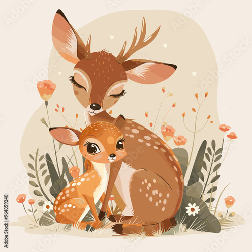A mother deer is holding her baby deer
