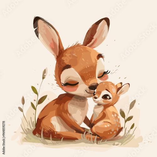 A mother deer is holding her baby deer