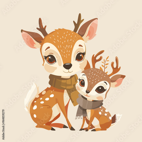A mother deer is holding her baby deer