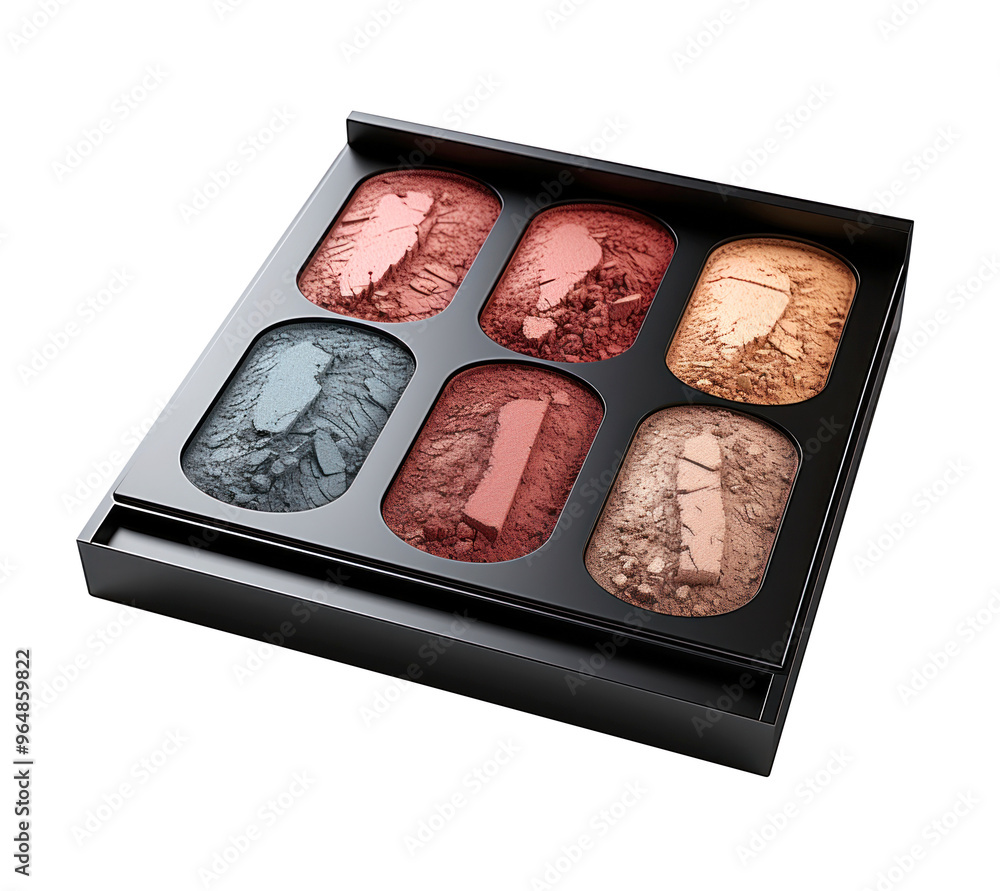 palette of cosmetic product with a square box containing eyeshadows in various natural colors.