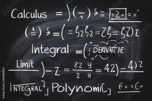 Math equations in white chalk on dark chalkboard background, focusing on calculus and algebra problems - academic education, mathematical problem-solving, scientific research