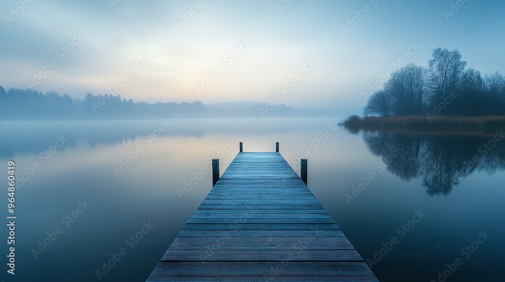 Fototapeta premium Wooden Dock Extending into Foggy Lake at Dawn