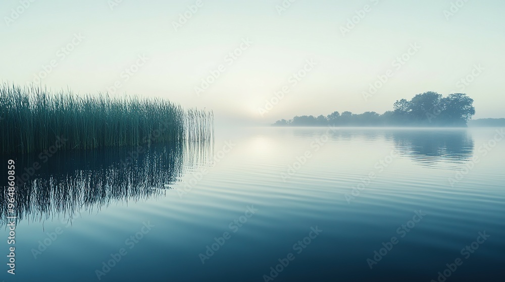Fototapeta premium Tranquil Lake Scene with Foggy Trees and Reeds Reflecting in the Water