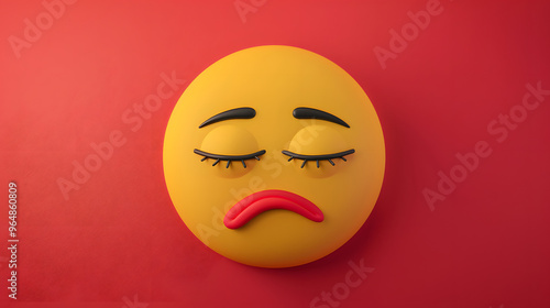 Sleepy eyes and mouth emoji expression on red background