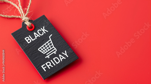 Black Friday tag with shopping cart icon on red background for festive shopping