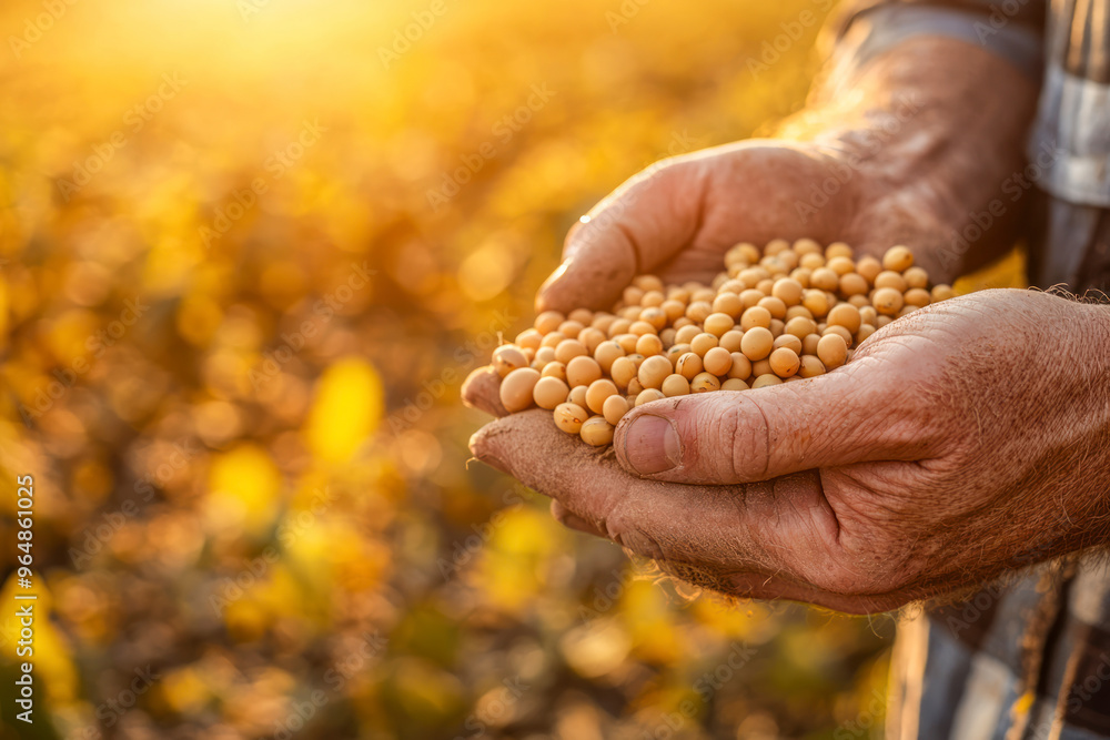Close-up farmer holding ripe organic soybeans in field. Harvesting soybeans. Selective focus. Close-up farmer holding ripe organic soybeans in field. Harvesting soybeans. Selective focus.