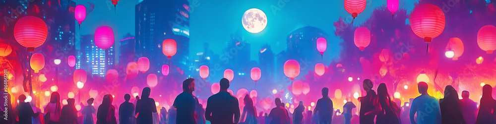 Crowd celebrates beneath neon lights and floating lanterns, chinese background, mid autumn festival background Crowd celebrates beneath neon lights and floating lanterns, chinese background, mid autumn festival background