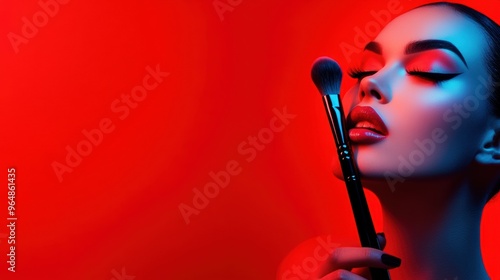 A woman with makeup brush in her hand and red background, AI photo