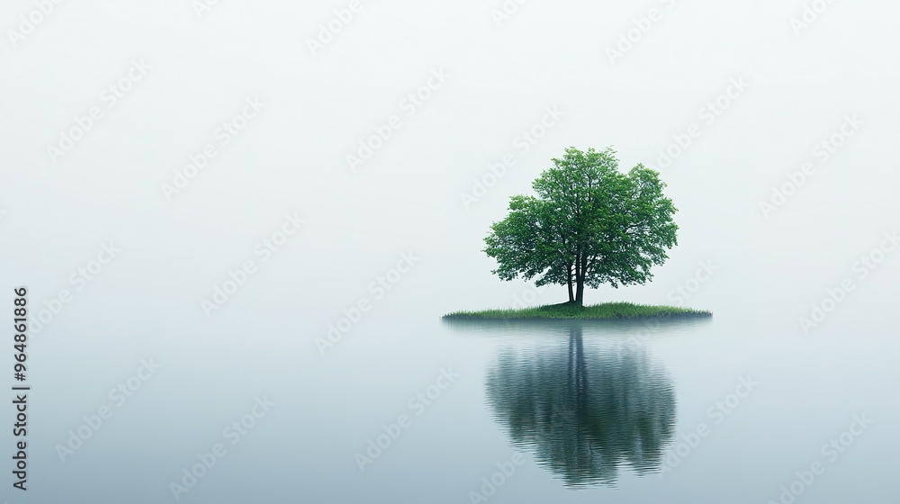 A Solitary Tree on a Foggy Lake with its Reflection