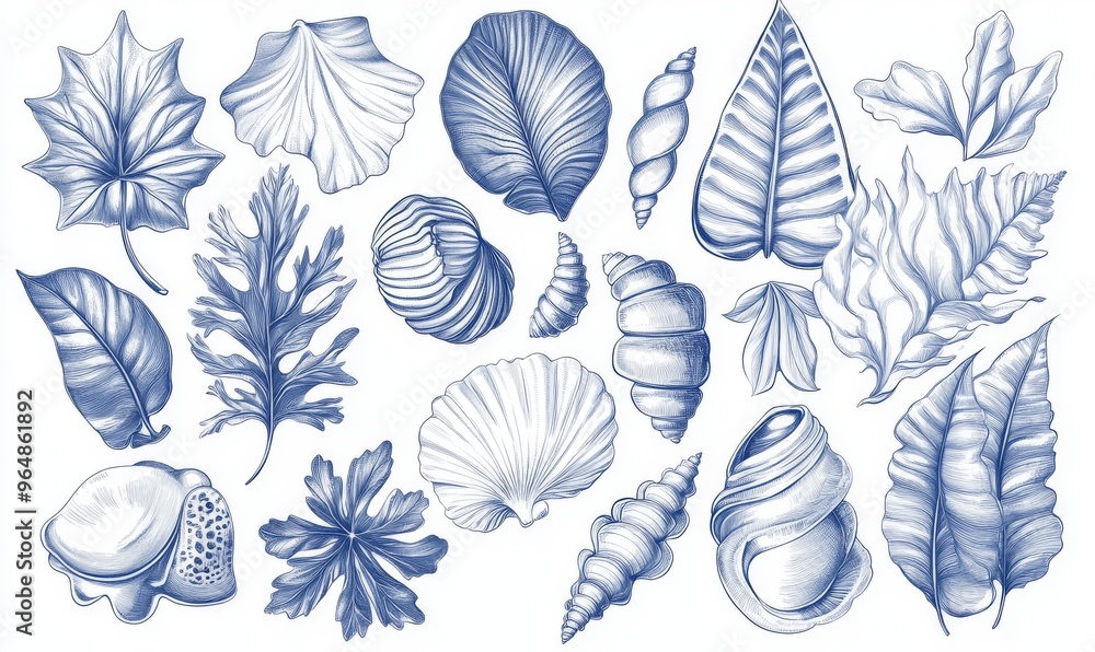 Fototapeta premium Line art illustration with ornamental leaves, snails, dashed lines, and labels