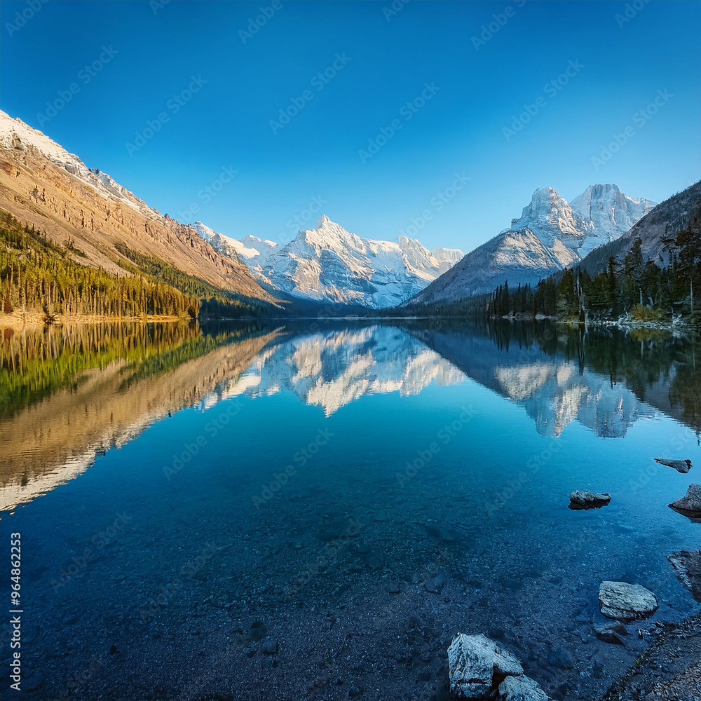 A calm, crystal-clear mountain lake reflecting snow-capped peaks under a clear blue sky