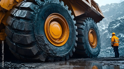 A close-up view of the enormous tires of a giant mining truck, showing the heavy tread and size comparison with a worker standing nearby. 