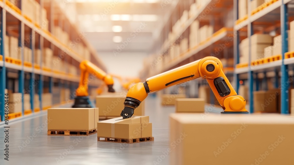 Fototapeta premium Automated warehouse, robotic arms sorting packages, 3D illustration