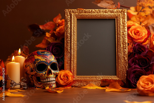 A golden ornate picture frame with an empty canvas sits among candles, flowers, and a painted sugar skull. The warm tones and candlelight create a tranquil atmosphere, celebration and remembrance. photo