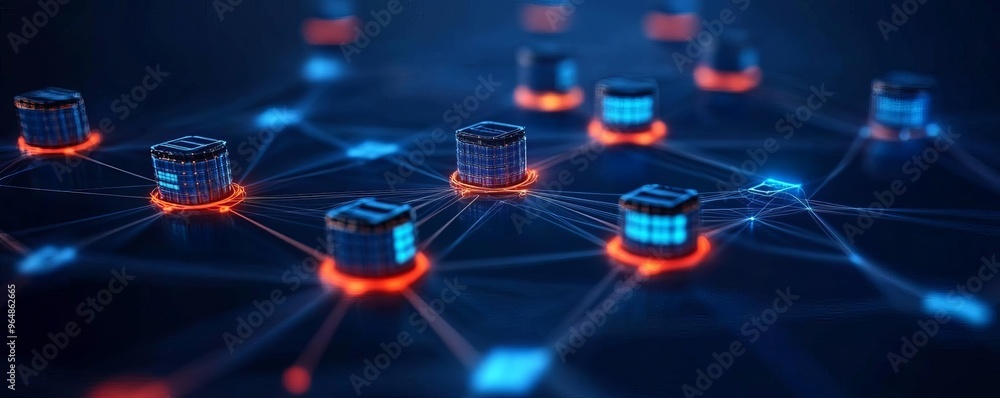Blockchain nodes visualized in a global network securing supply chains, distributed ledger technology in logistics Blockchain nodes visualized in a global network securing supply chains, distributed ledger technology in logistics