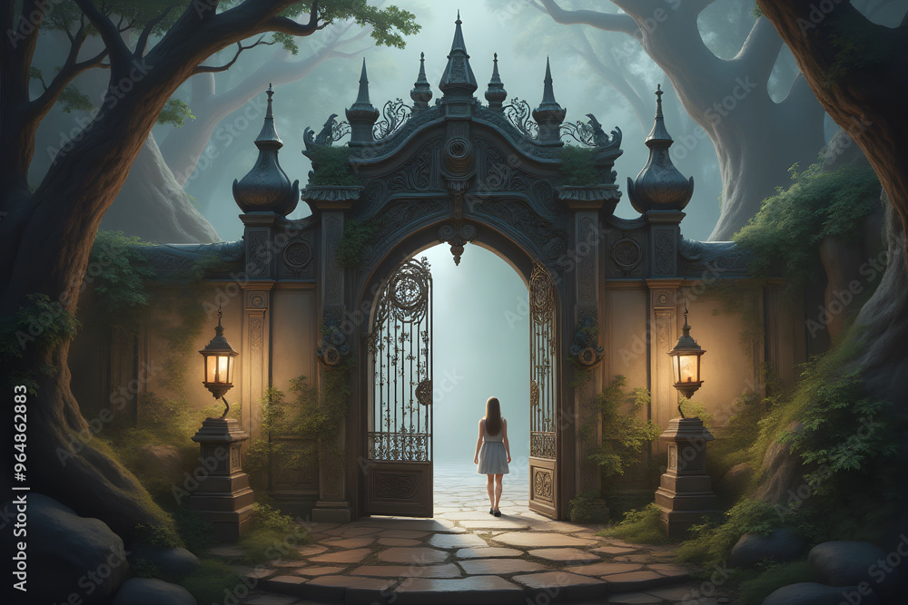 Fototapeta premium Woman at Mysterious Ornate Gate in Forest
