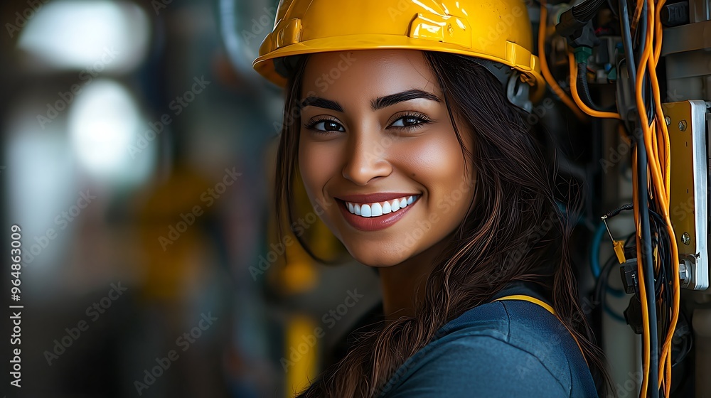 Smiling female engineer in a yellow hard hat at worksite Smiling female engineer in a yellow hard hat at worksite