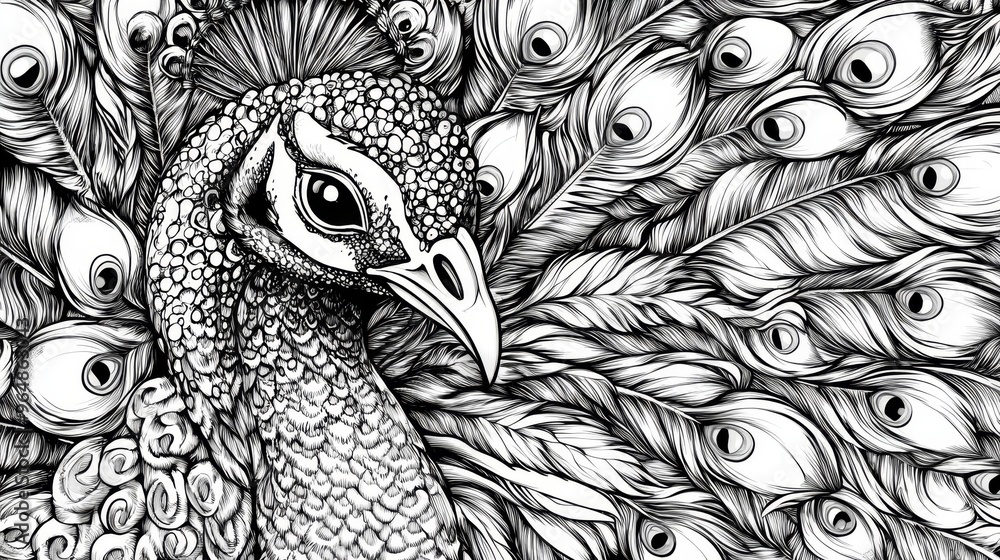 Fototapeta premium A hand drawn illustration of a peacock head displaying intricate Zentangle patterns