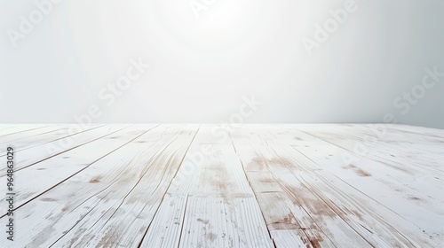 A light, weathered white wooden surface with a retro, vintage appeal, captured from a perspective that highlights texture. Ideal for product displays, photo editing, or enhancing presentation visuals.