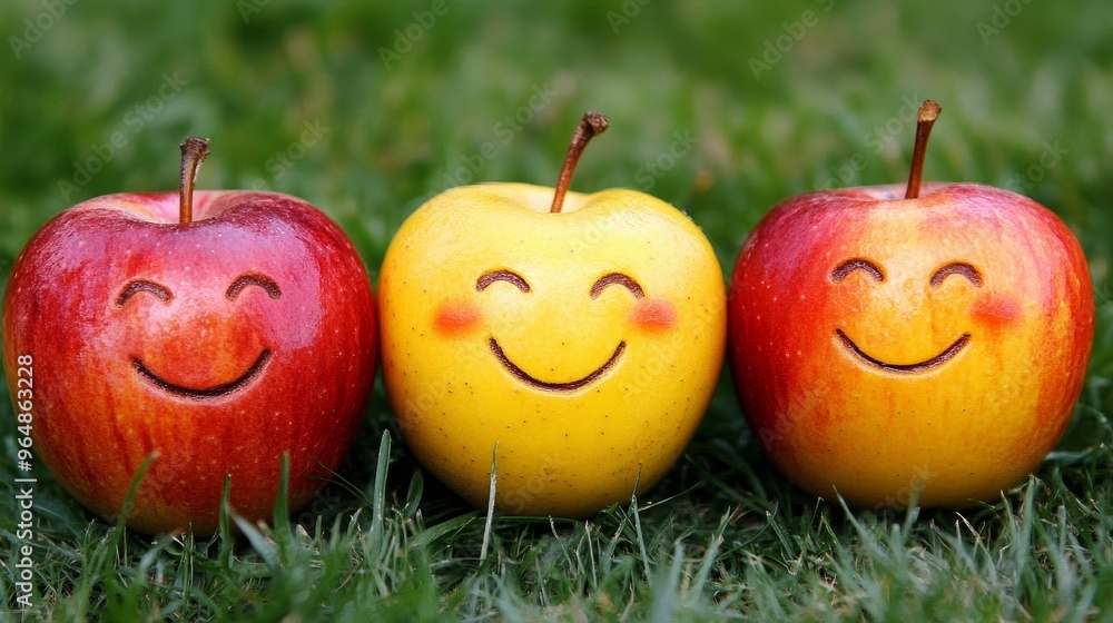 Smiling apples with happy faces on green grass