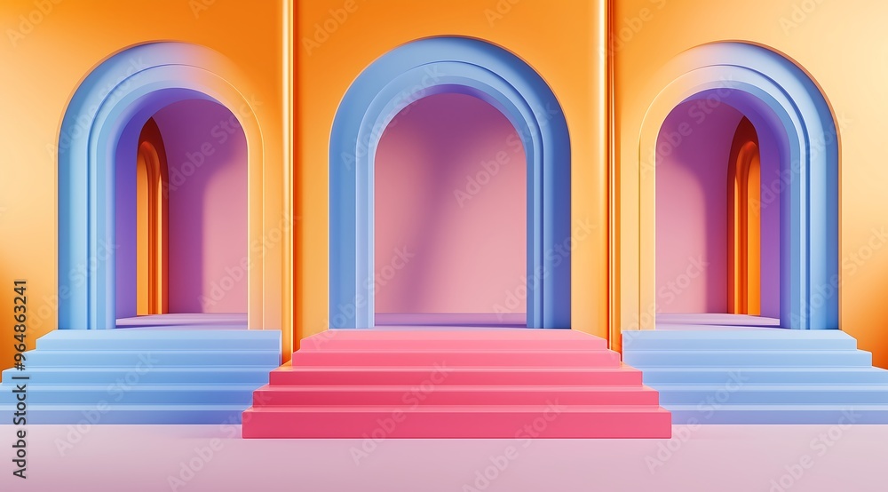Vibrant 3D pastel arches with colorful stairs and doorways Vibrant 3D pastel arches with colorful stairs and doorways