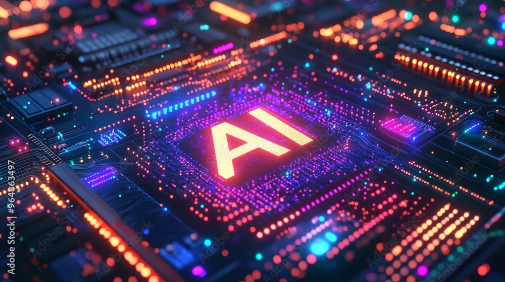 The picture shows a circuit board with colorful glowing tracks. These tracks connect to a central processing unit, and the letters The picture shows a circuit board with colorful glowing tracks. These tracks connect to a central processing unit, and the letters