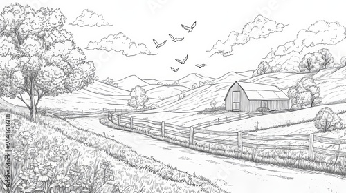 The classic hand drawn line art illustration style of a barnhouse farm landscape
