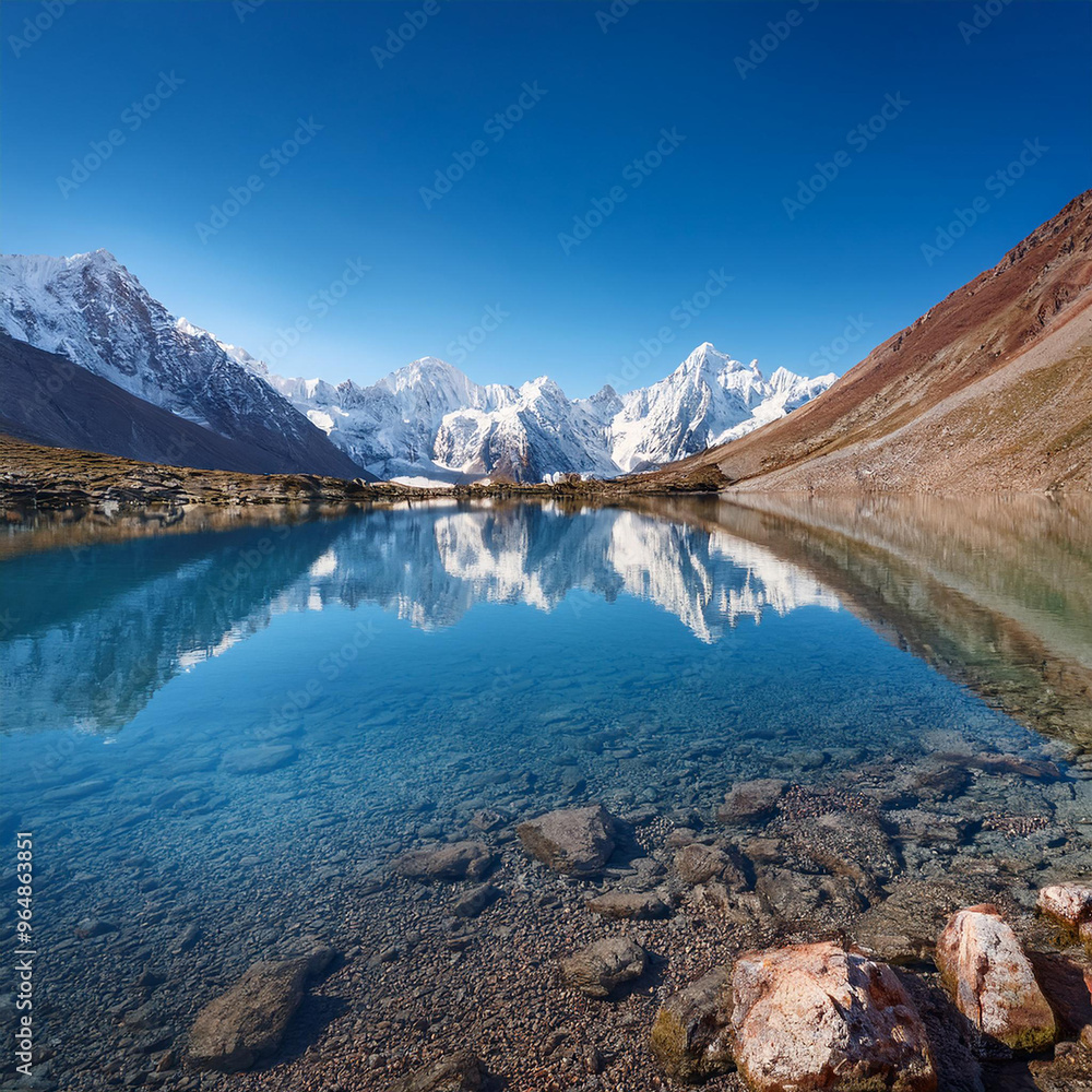 Obraz premium A calm, crystal-clear mountain lake reflecting snow-capped peaks under a clear blue sky