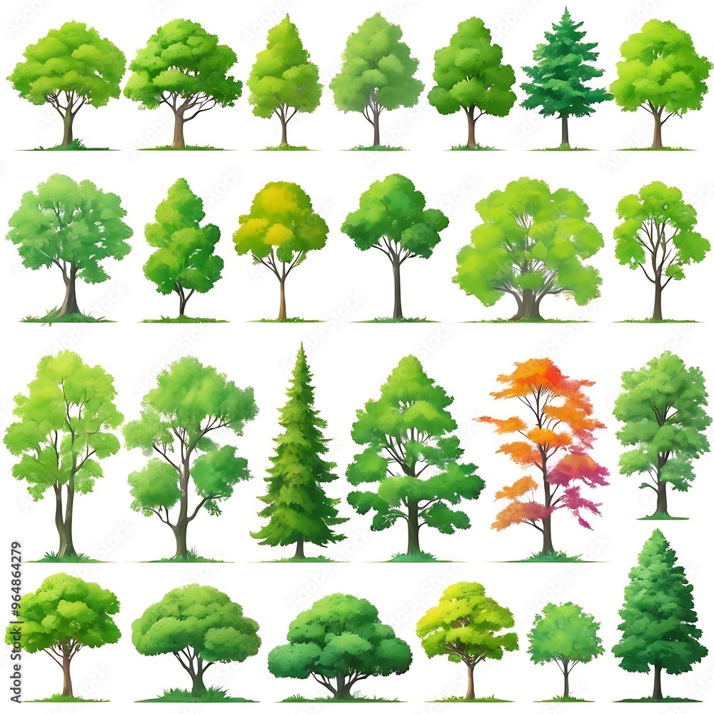 Fototapeta premium Abstract pattern trees collection. Set Forest tree pack in white background, a collection of hand drawn watercolor trees for artistic projects.