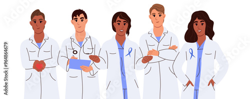 Group portrait, smiling medical team standing together. Set of diverse doctors characters. Vector flat illustration isolated on white background