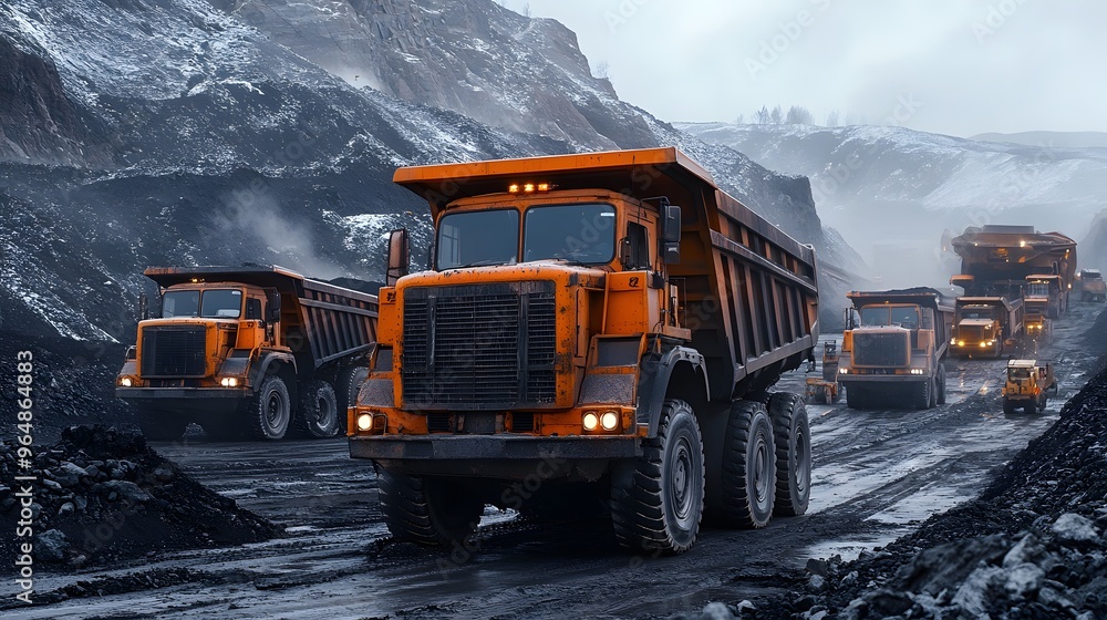 Multiple giant trucks lined up in a mining yard, ready to transport coal. The trucks are towering over the workers and equipment scattered around. Multiple giant trucks lined up in a mining yard, ready to transport coal. The trucks are towering over the workers and equipment scattered around.
