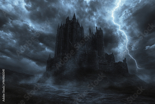 Haunted Castle on a Hill with Lightning Striking in the Background photo