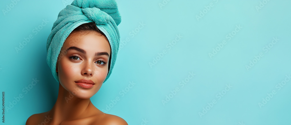 Spa, relax, beauty concept. Promotional image for a spa. A young and beautiful girl with a towel in her hair smiling and with perfect complexion on a saturated blue background. Copy space banner. Spa, relax, beauty concept. Promotional image for a spa. A young and beautiful girl with a towel in her hair smiling and with perfect complexion on a saturated blue background. Copy space banner.