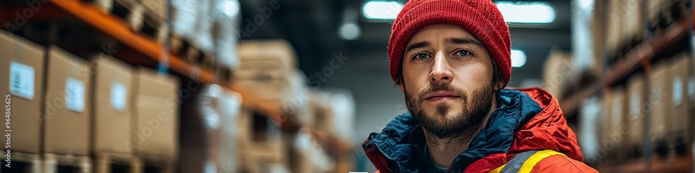 A warehouse worker with a tablet in hand taking notes, against a backdrop of a lighted warehouse A warehouse worker with a tablet in hand taking notes, against a backdrop of a lighted warehouse
