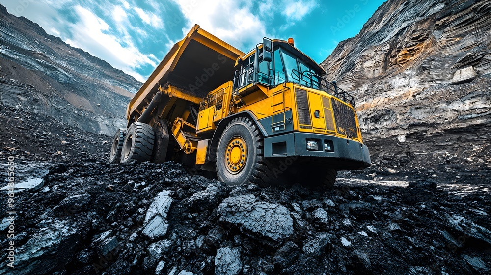 A giant truck being loaded with coal from an excavator, with the dark black coal contrasting against the industrial machinery under a bright blue sky. A giant truck being loaded with coal from an excavator, with the dark black coal contrasting against the industrial machinery under a bright blue sky.