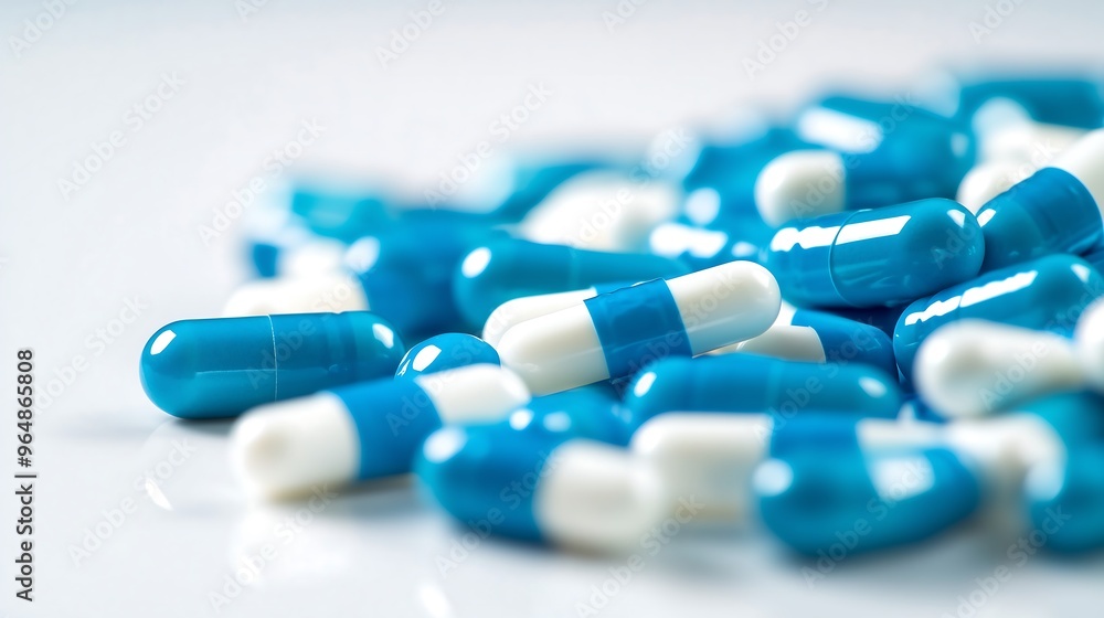 Blue and white medical capsules scattered on a white surface Blue and white medical capsules scattered on a white surface