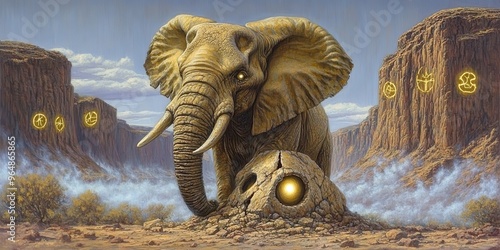 Majestic Elephant Standing Next to Illuminated Skull in a Desert Canyon Landscape with Mysterious Glowing Orbs in the Background